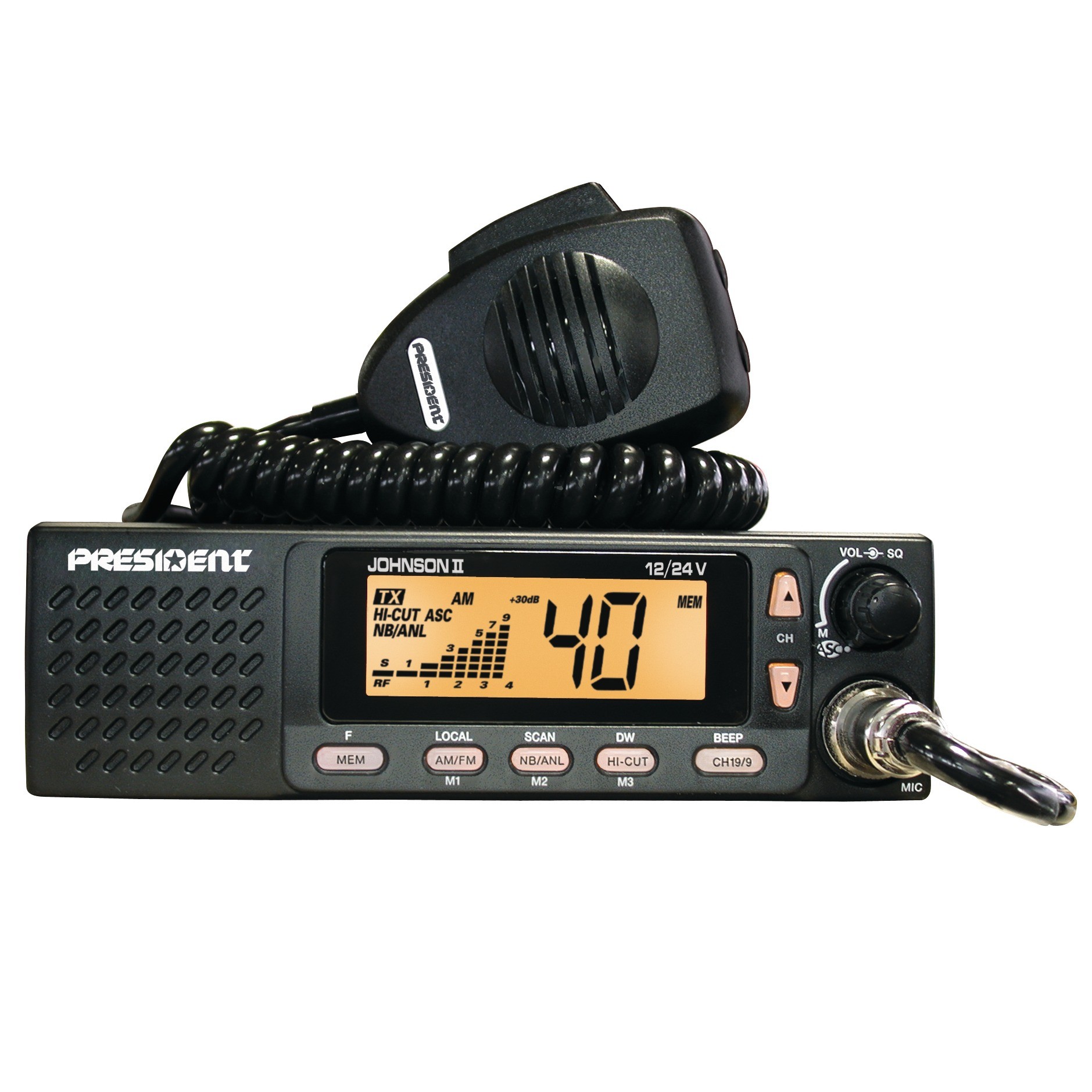 Poste CB PRESIDENT JOHNSON II VOX 40 canaux AM/FM 12/24v