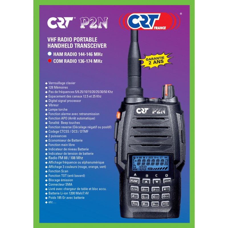 Talky Walky VHF professionnel CRT P2N • VHF COM 136 - 174 mHz • 1w - 5w ERP